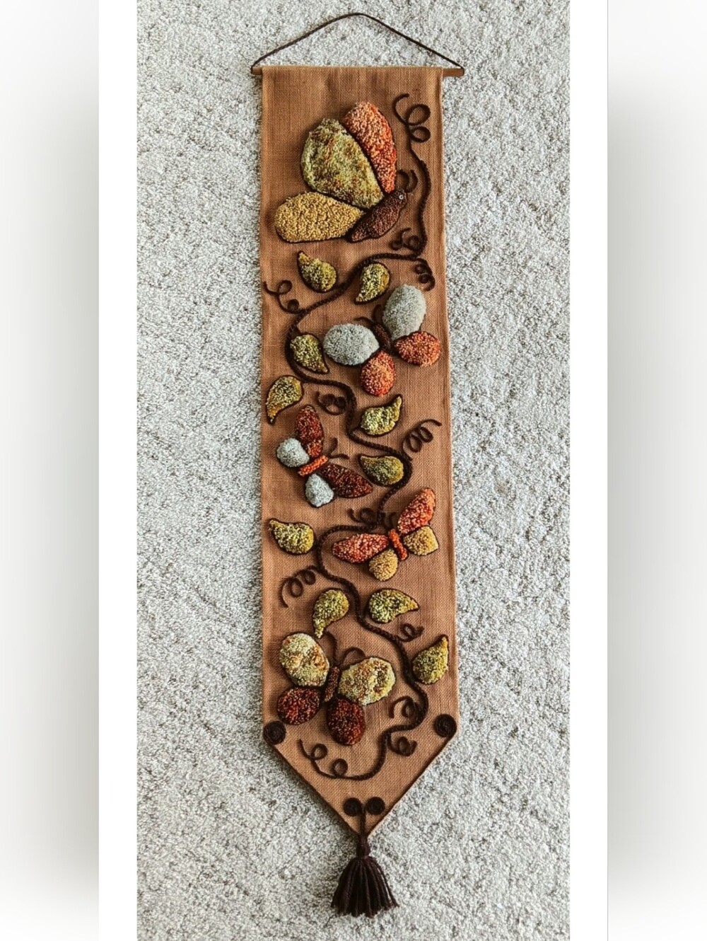Vintage 60s 70s Butterfly Floral Latch Hook Yarn Shag Rug Wall Hanging